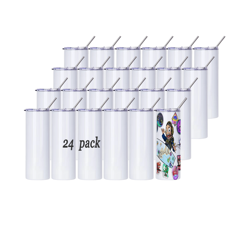 24 Pack Sublimation Tumblers Flat Edge Blanks Skinny Straight Bulk 20 oz, Stainless Steel Double Wall Insulated Sublimation with Straw & Lids for Heat Transfer, White
