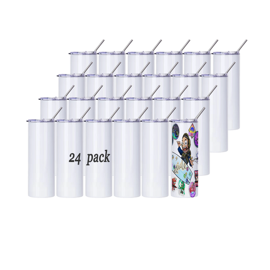 24 Pack Sublimation Tumblers Flat Edge Blanks Skinny Straight Bulk 20 oz, Stainless Steel Double Wall Insulated Sublimation with Straw & Lids for Heat Transfer, White